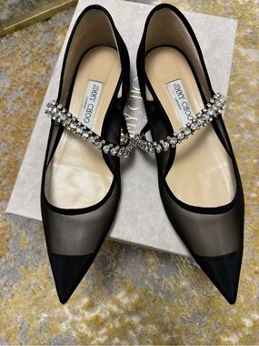 Jimmy Choo Black Mesh Pointed Flats with Crystal-Strap